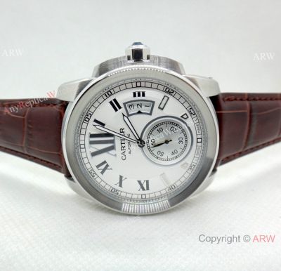 Best Copy Cartier Calibre de White Face Brown Leather Band Watch